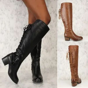 Back lace-up retro wide calf tall boots