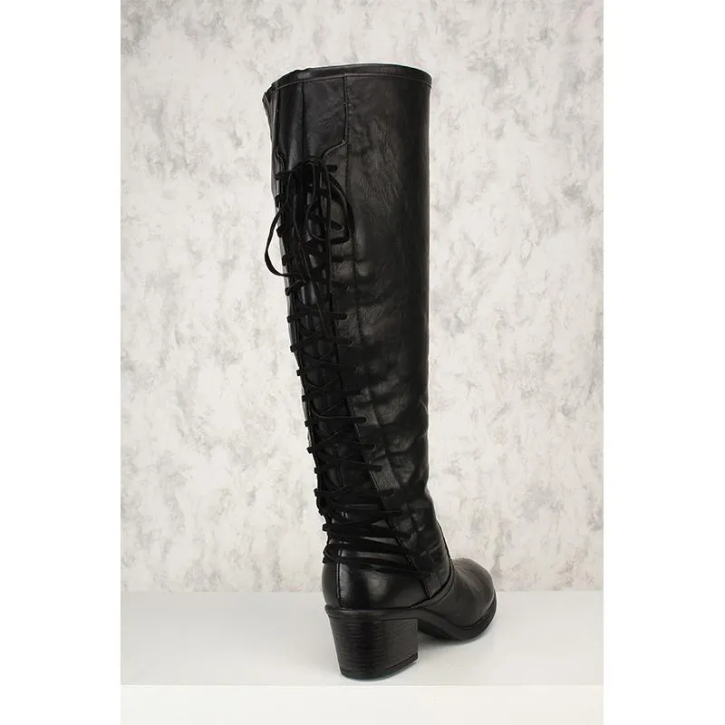Back lace-up retro wide calf tall boots