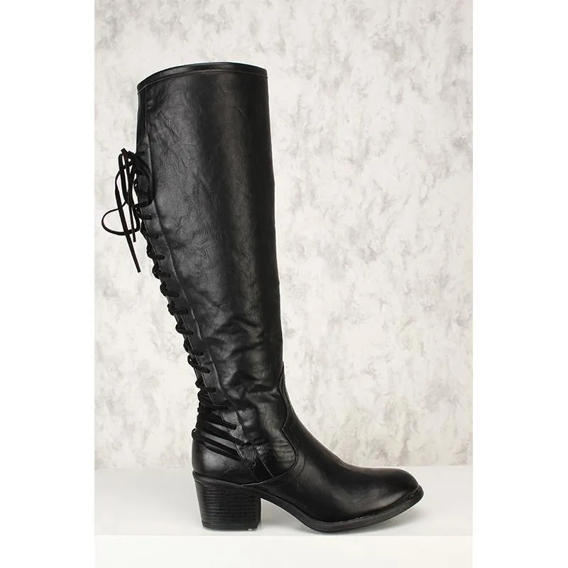 Back lace-up retro wide calf tall boots