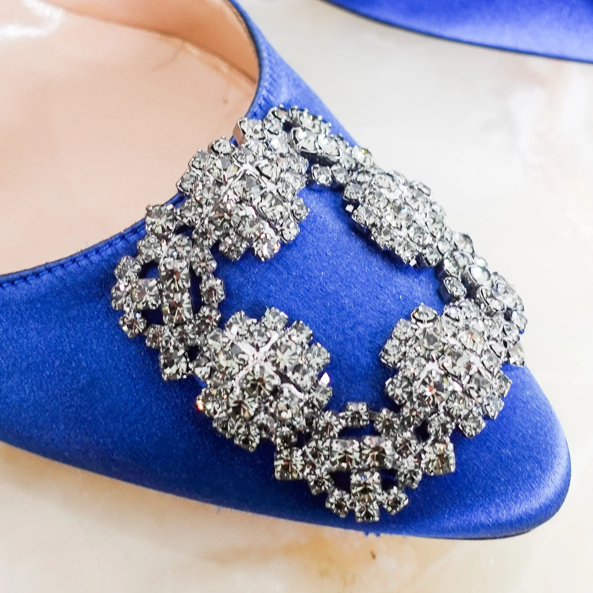 Blue satin jewel buckle pumps RRP £945