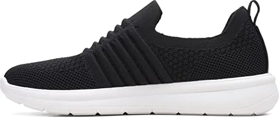 Clarks Ezera Black White Textile Walk Slip-On Cloud Steppers Flat Fashion Sneakers