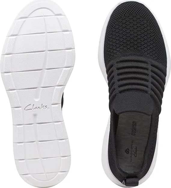Clarks Ezera Black White Textile Walk Slip-On Cloud Steppers Flat Fashion Sneakers