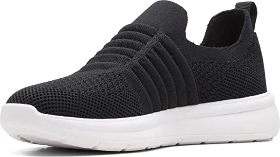 Clarks Ezera Black White Textile Walk Slip-On Cloud Steppers Flat Fashion Sneakers