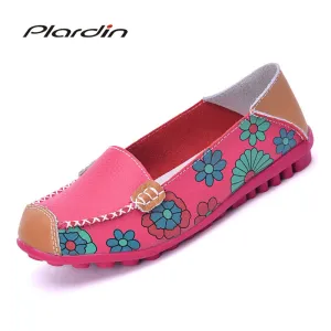 Cow Muscle Ballet Summer Flower Print Women Genuine Leather Shoes Woman Flat Flexible Loafer