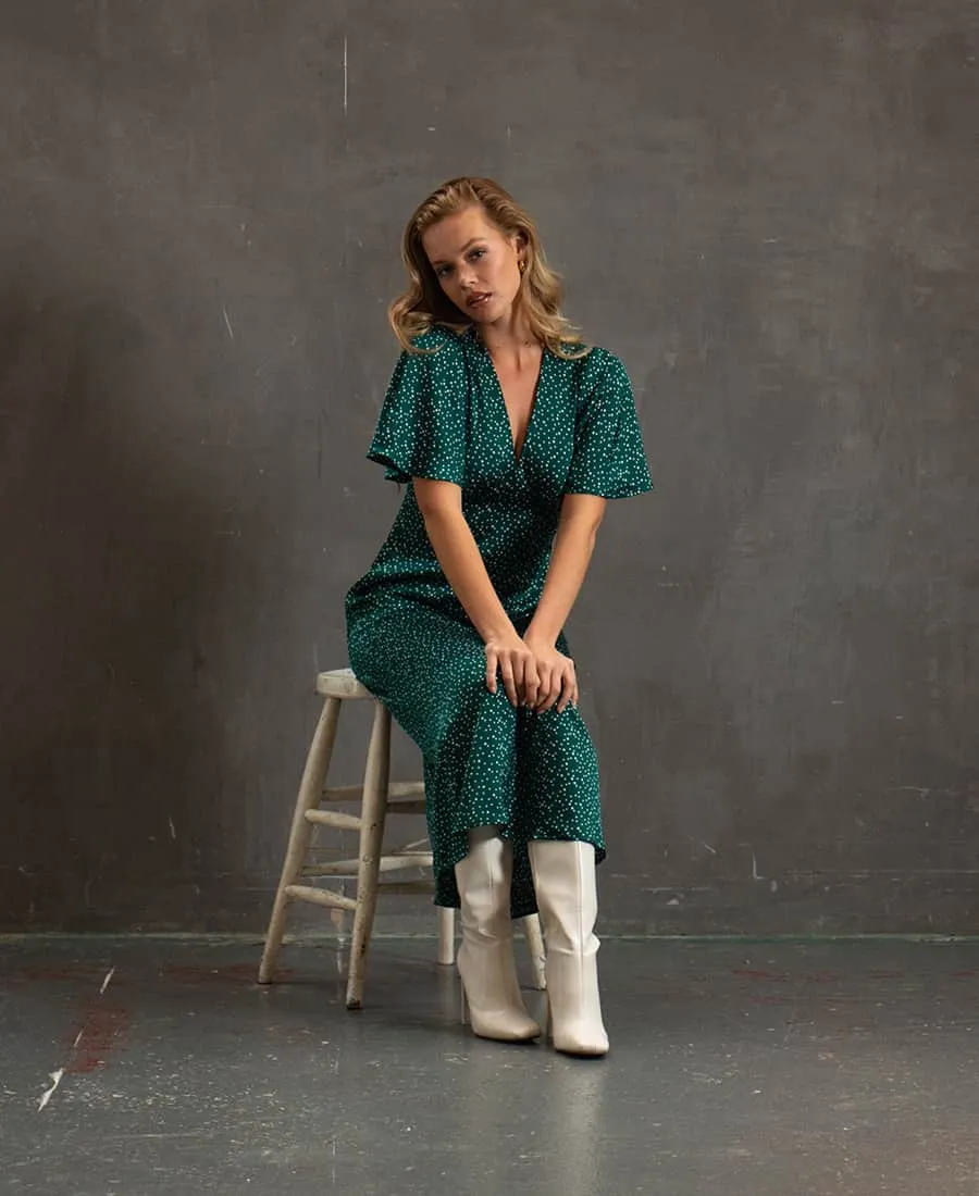 Dark Green Spot Satin Midi Dress