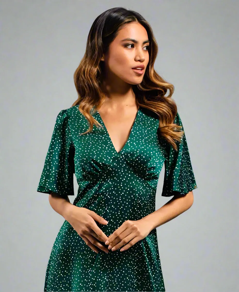 Dark Green Spot Satin Midi Dress