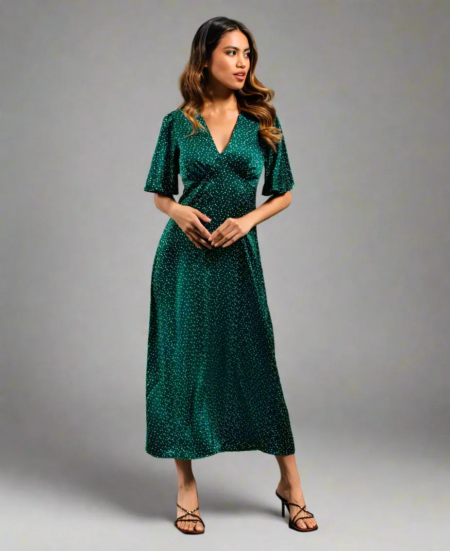 Dark Green Spot Satin Midi Dress