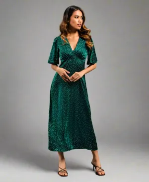 Dark Green Spot Satin Midi Dress