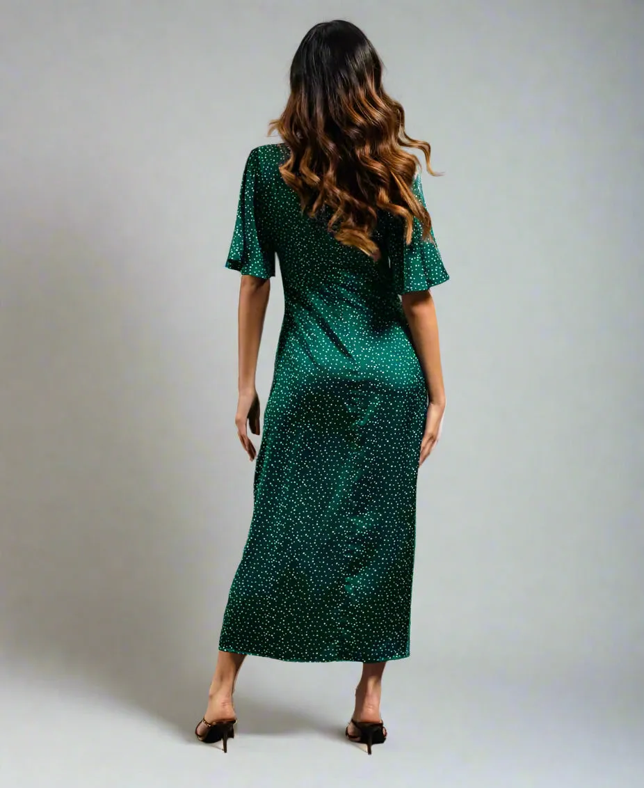 Dark Green Spot Satin Midi Dress