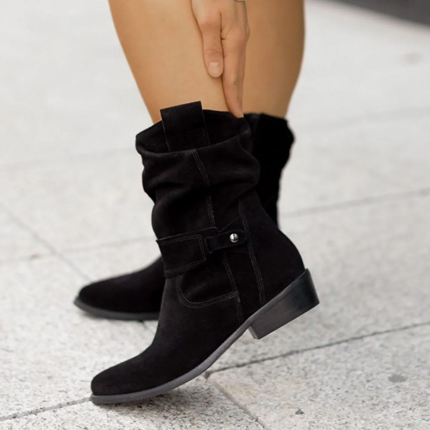 Faux suede low heel mid calf slouch boots