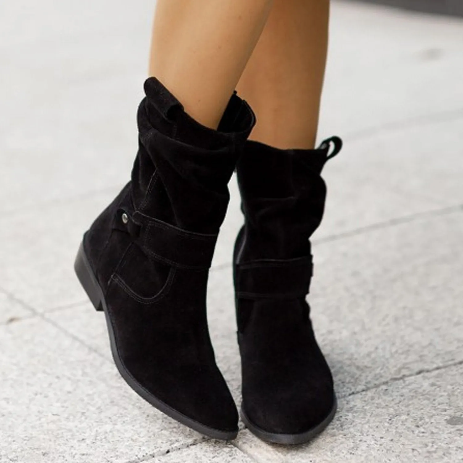 Faux suede low heel mid calf slouch boots