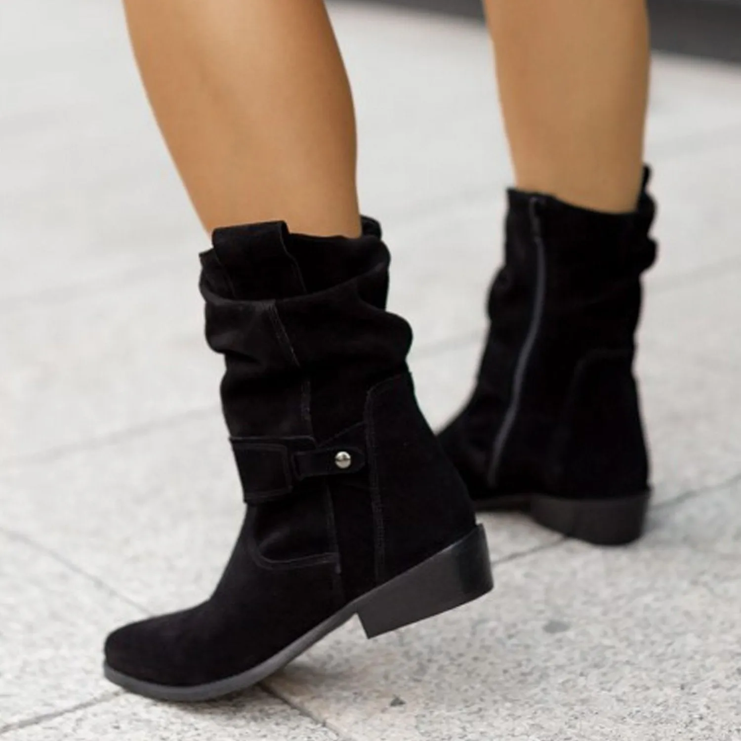 Faux suede low heel mid calf slouch boots