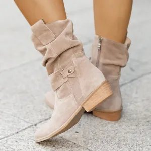 Faux suede low heel mid calf slouch boots