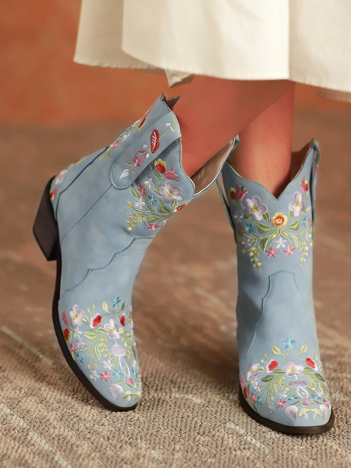 Flower embroidery light blue short cowboy boots for women Retro block heels western booties