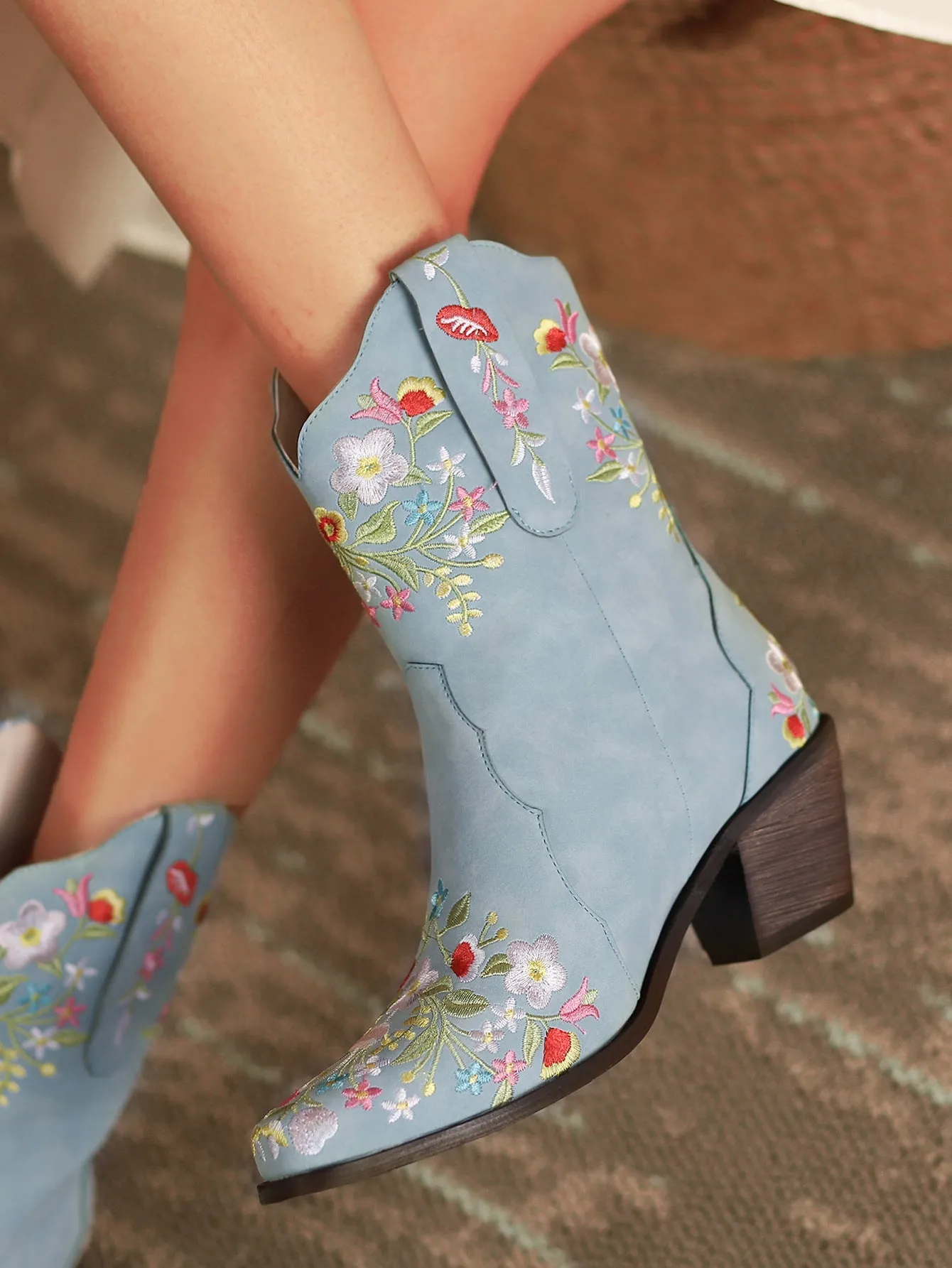 Flower embroidery light blue short cowboy boots for women Retro block heels western booties
