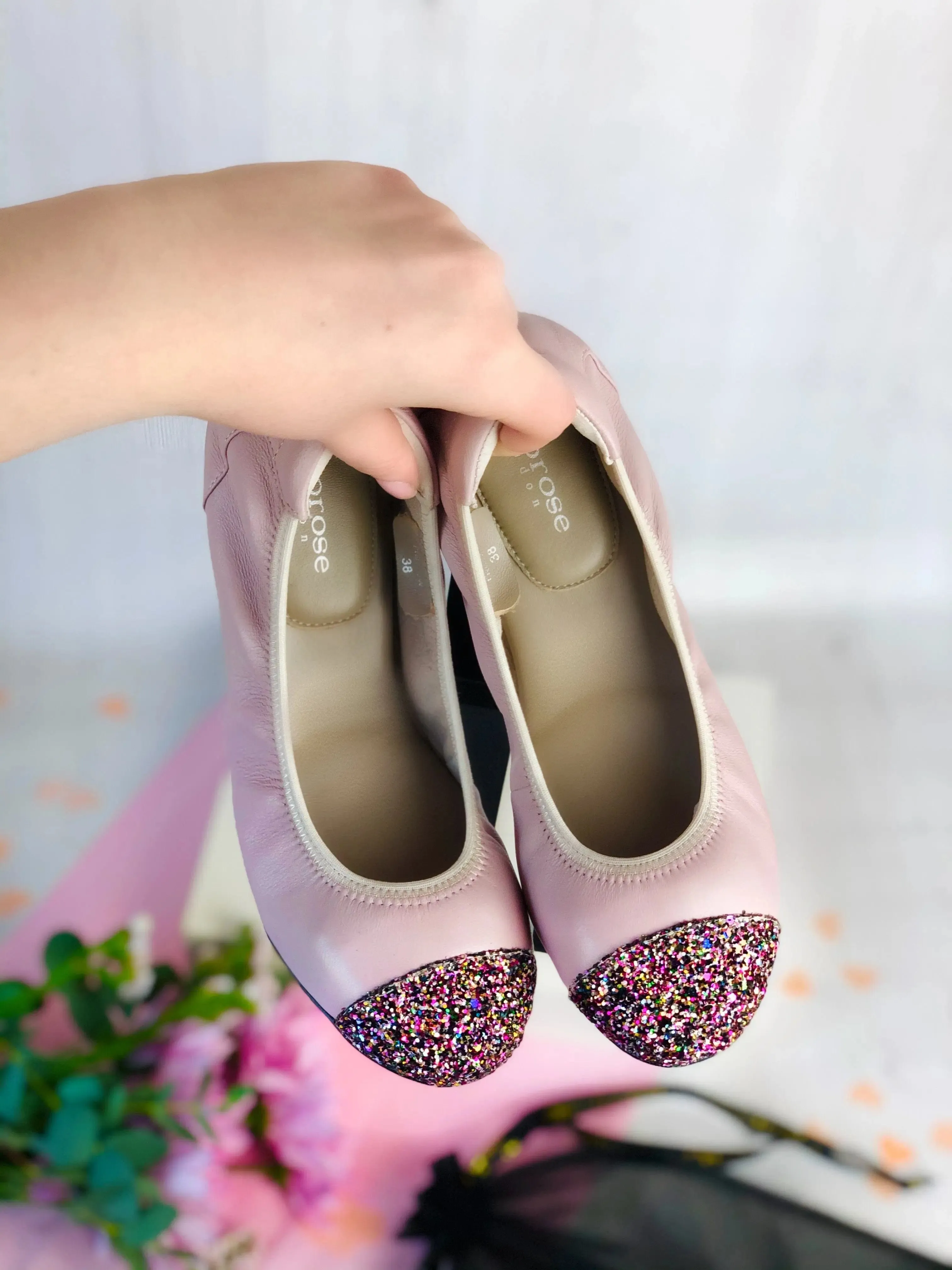 Harrow - Pastel Pink Glitter Toe Leather Flats