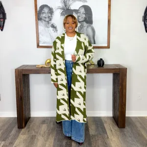 'Isis' Jacquard Knit Maxi Cardigan | Green