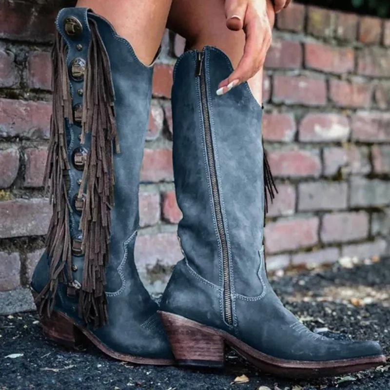 Knee high fringed cowboy boots retro western boots for women vintage block heel boots
