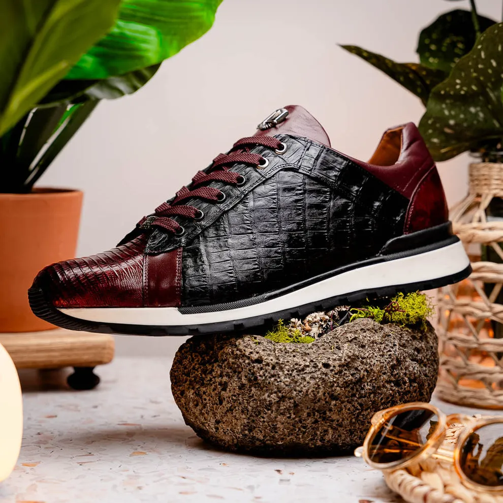 Marco Di Milano Portici Men's Shoes Wine & Black Exotic Lizard / Crocodile Casual Sneakers (MDM1016)
