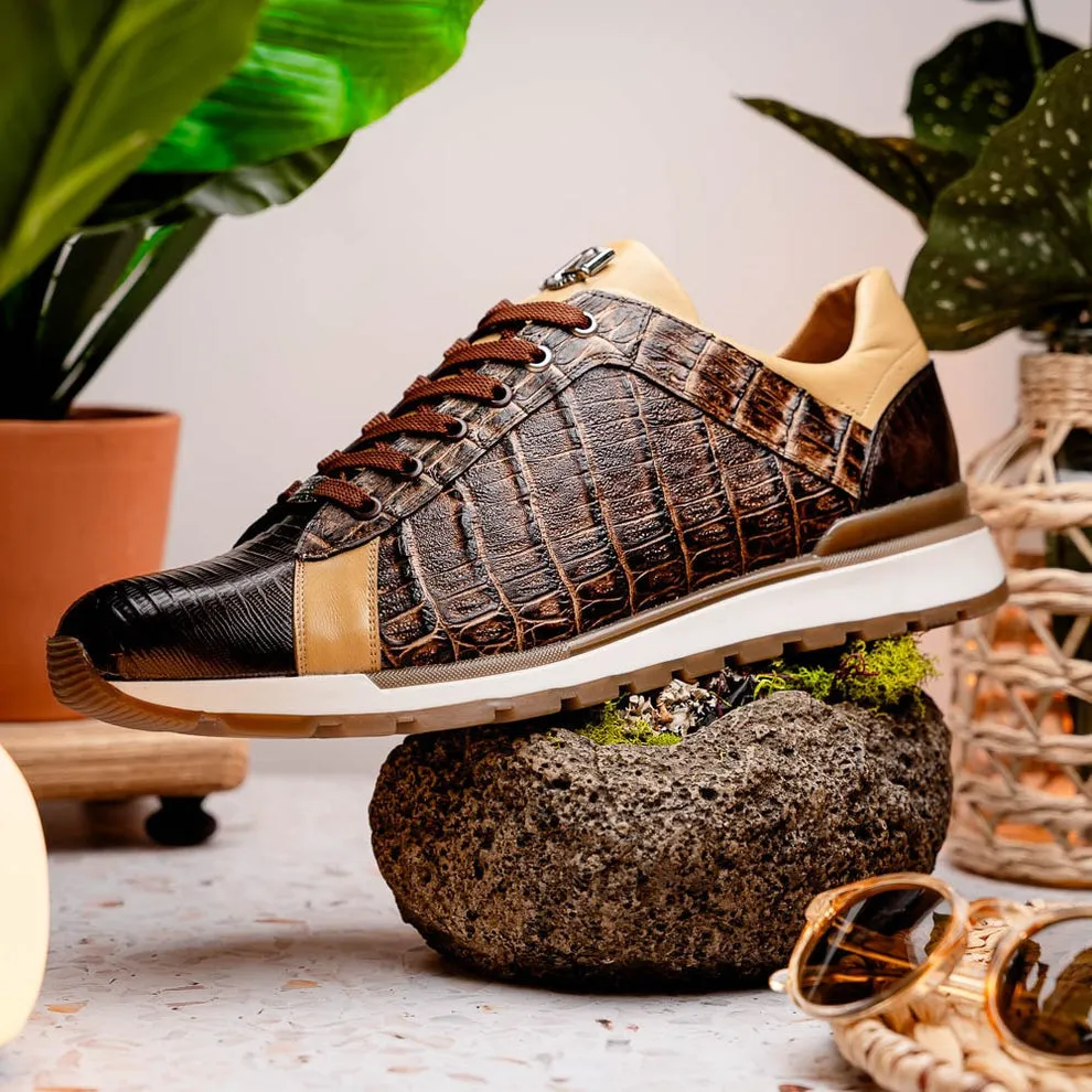 Marco Di Milano Portici Men's Shoes Wine & Black Exotic Lizard / Crocodile Casual Sneakers (MDM1016)