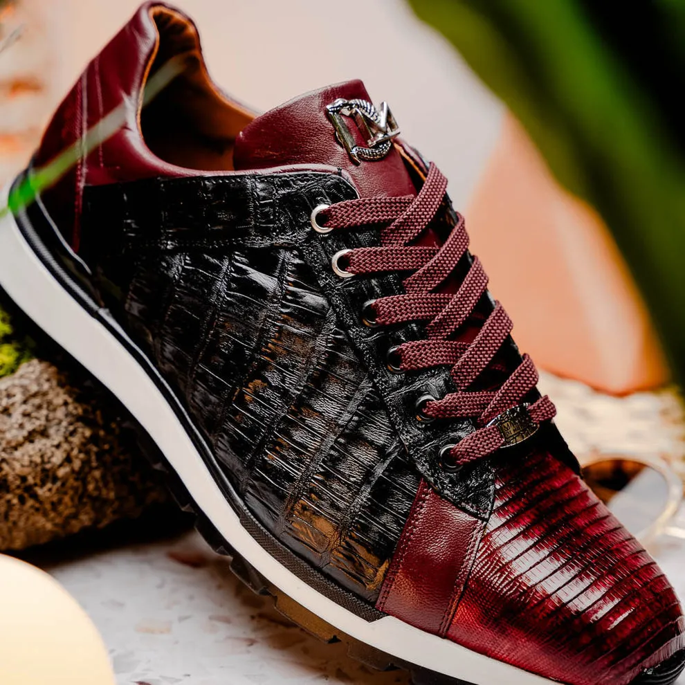 Marco Di Milano Portici Men's Shoes Wine & Black Exotic Lizard / Crocodile Casual Sneakers (MDM1016)