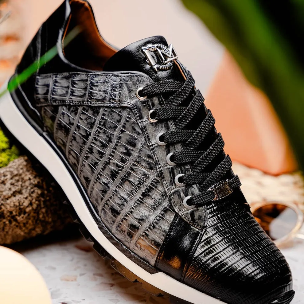 Marco Di Milano Portici Men's Shoes Wine & Black Exotic Lizard / Crocodile Casual Sneakers (MDM1016)
