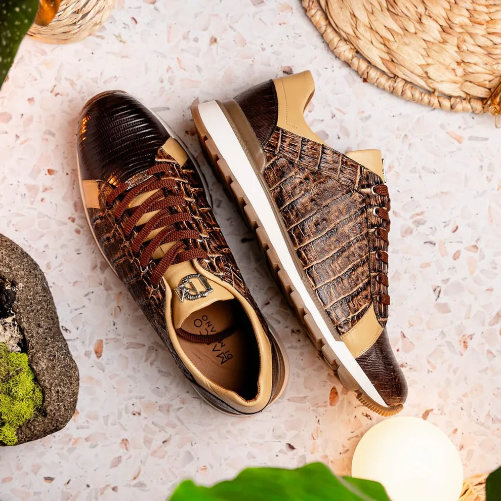Marco Di Milano Portici Men's Shoes Wine & Black Exotic Lizard / Crocodile Casual Sneakers (MDM1016)