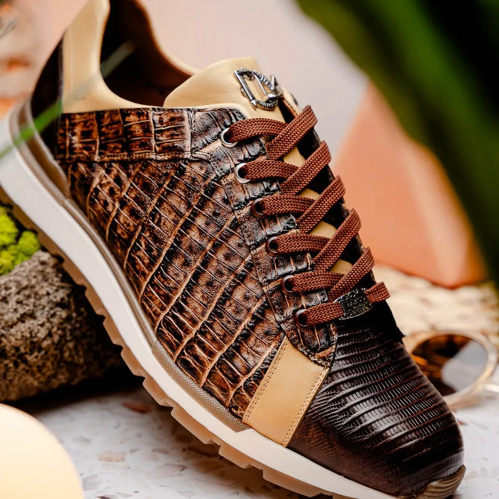 Marco Di Milano Portici Men's Shoes Wine & Black Exotic Lizard / Crocodile Casual Sneakers (MDM1016)