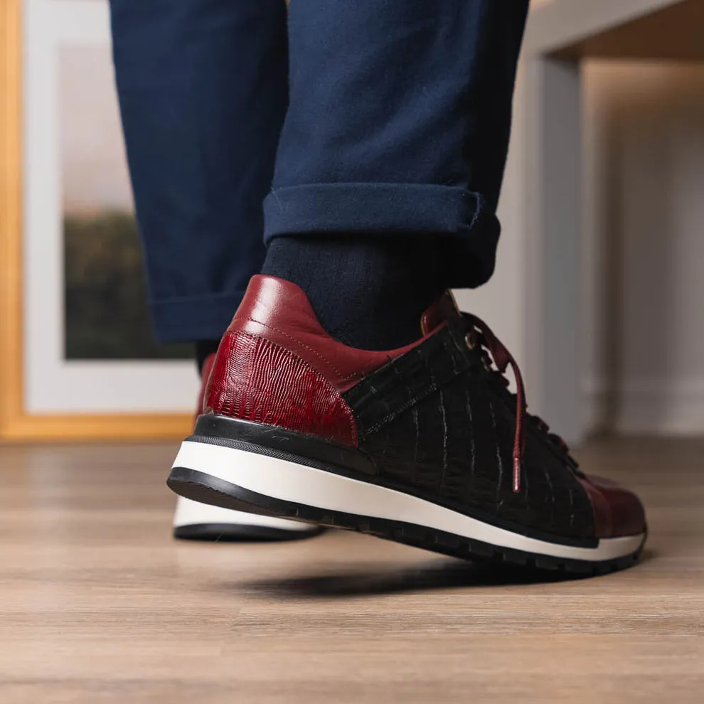 Marco Di Milano Portici Men's Shoes Wine & Black Exotic Lizard / Crocodile Casual Sneakers (MDM1016)