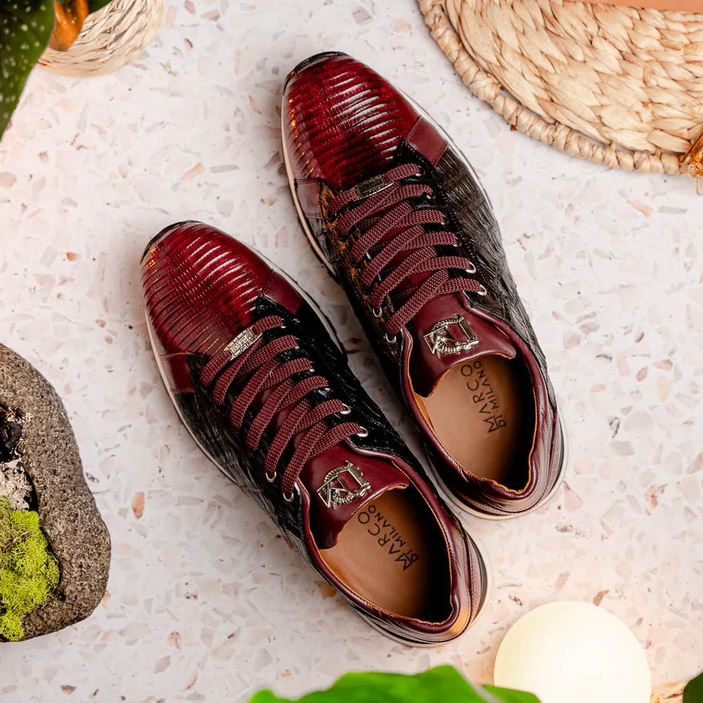 Marco Di Milano Portici Men's Shoes Wine & Black Exotic Lizard / Crocodile Casual Sneakers (MDM1016)