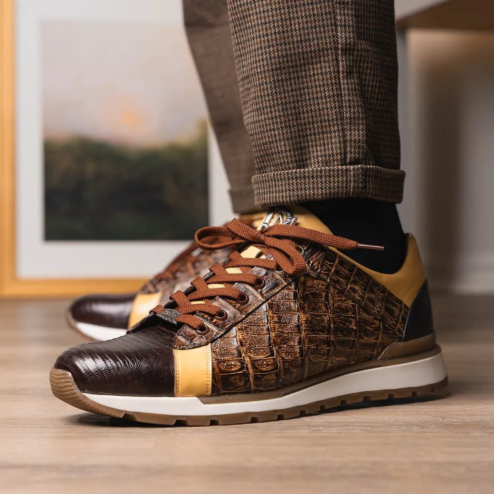 Marco Di Milano Portici Men's Shoes Wine & Black Exotic Lizard / Crocodile Casual Sneakers (MDM1016)