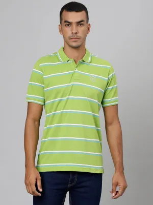 Men Green White Regular Fit Striped Polo Neck T-Shirt