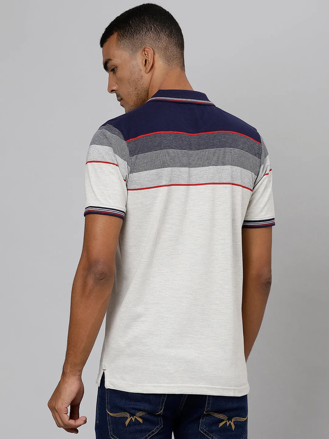 Men Navy Regular Fit Color Blocked Polo Neck T-Shirt