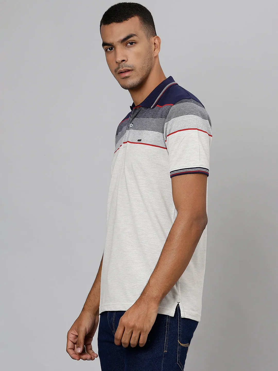 Men Navy Regular Fit Color Blocked Polo Neck T-Shirt