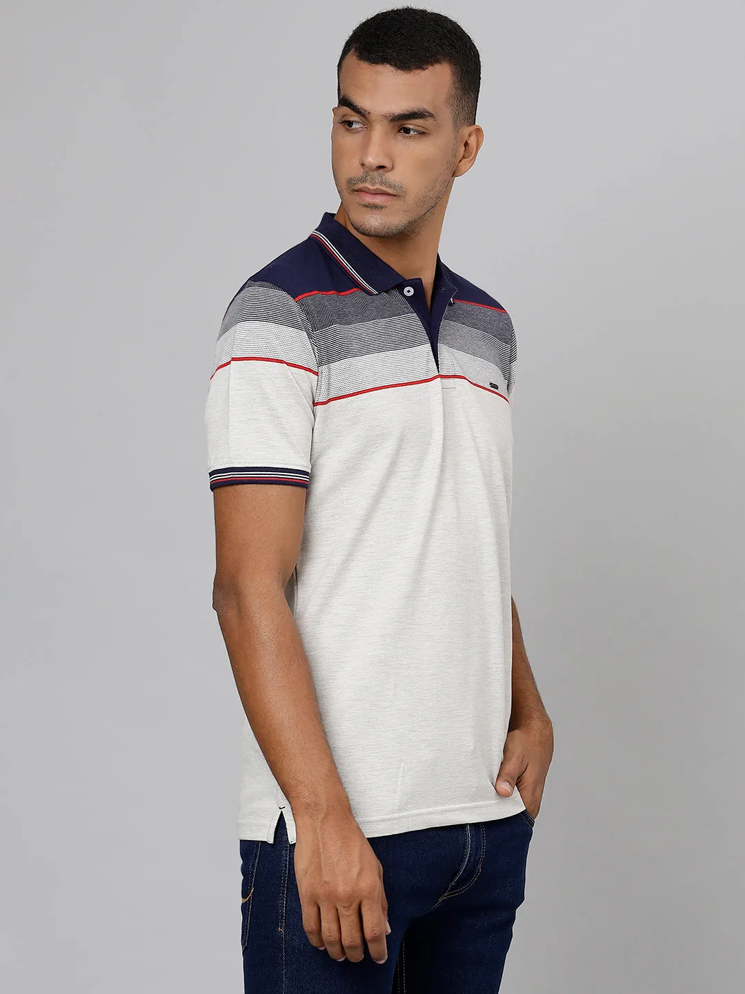 Men Navy Regular Fit Color Blocked Polo Neck T-Shirt