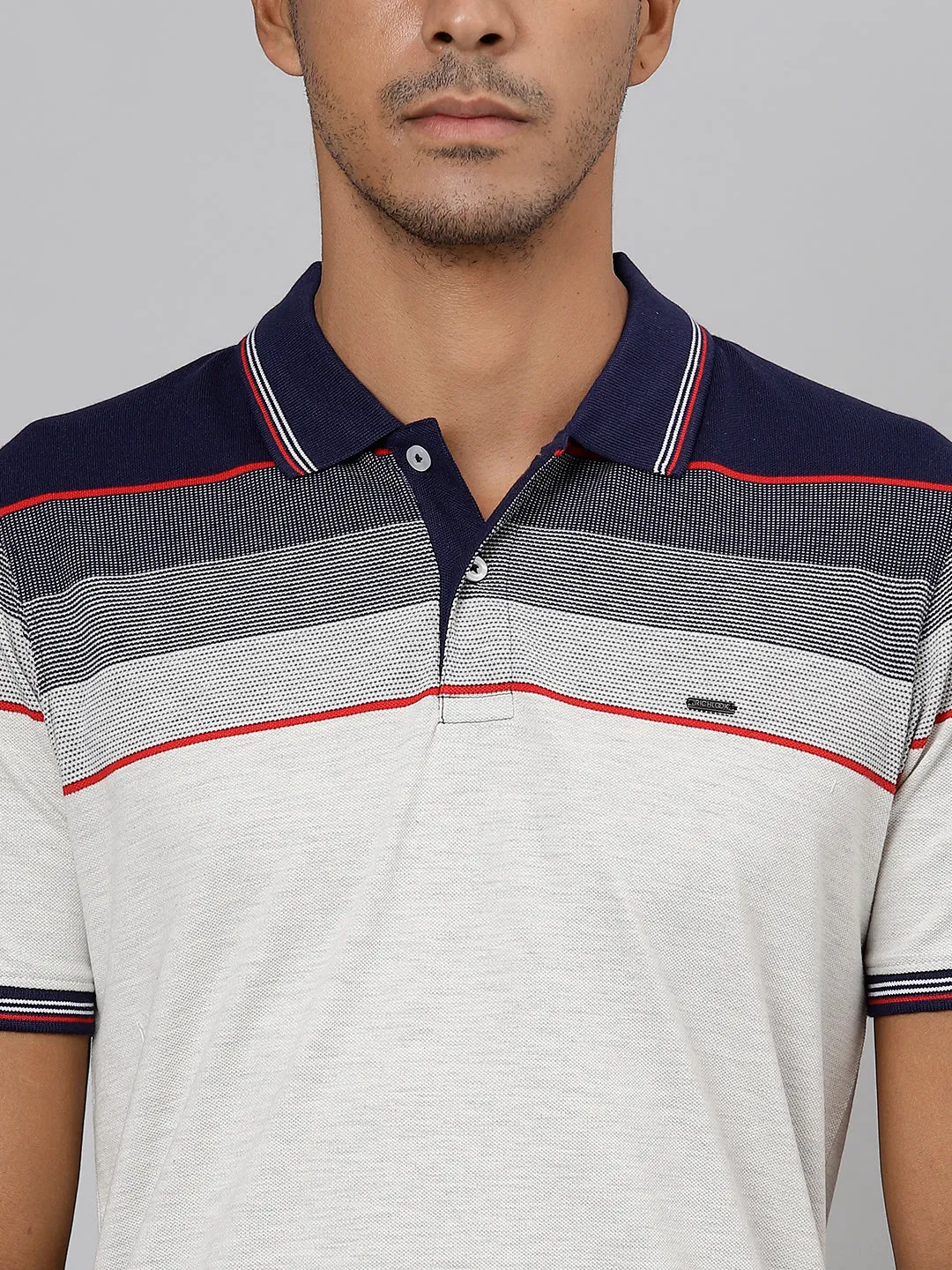 Men Navy Regular Fit Color Blocked Polo Neck T-Shirt