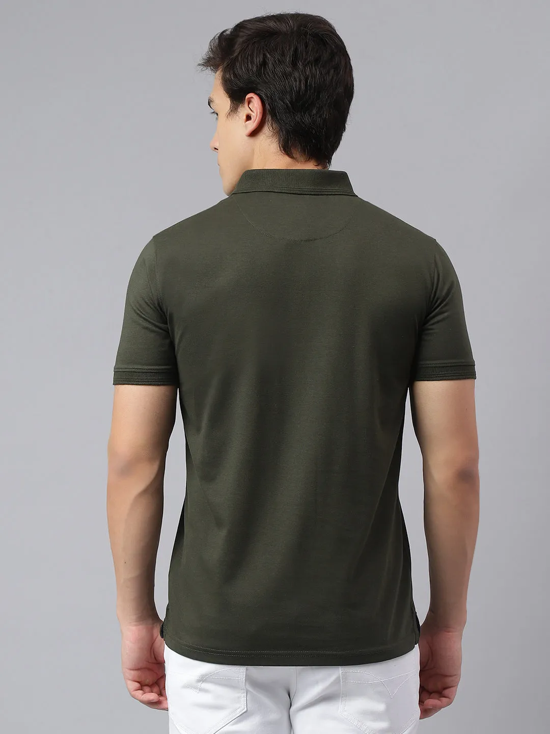 Men Olive Regular Fit Printed Polo Neck Casual T-Shirt
