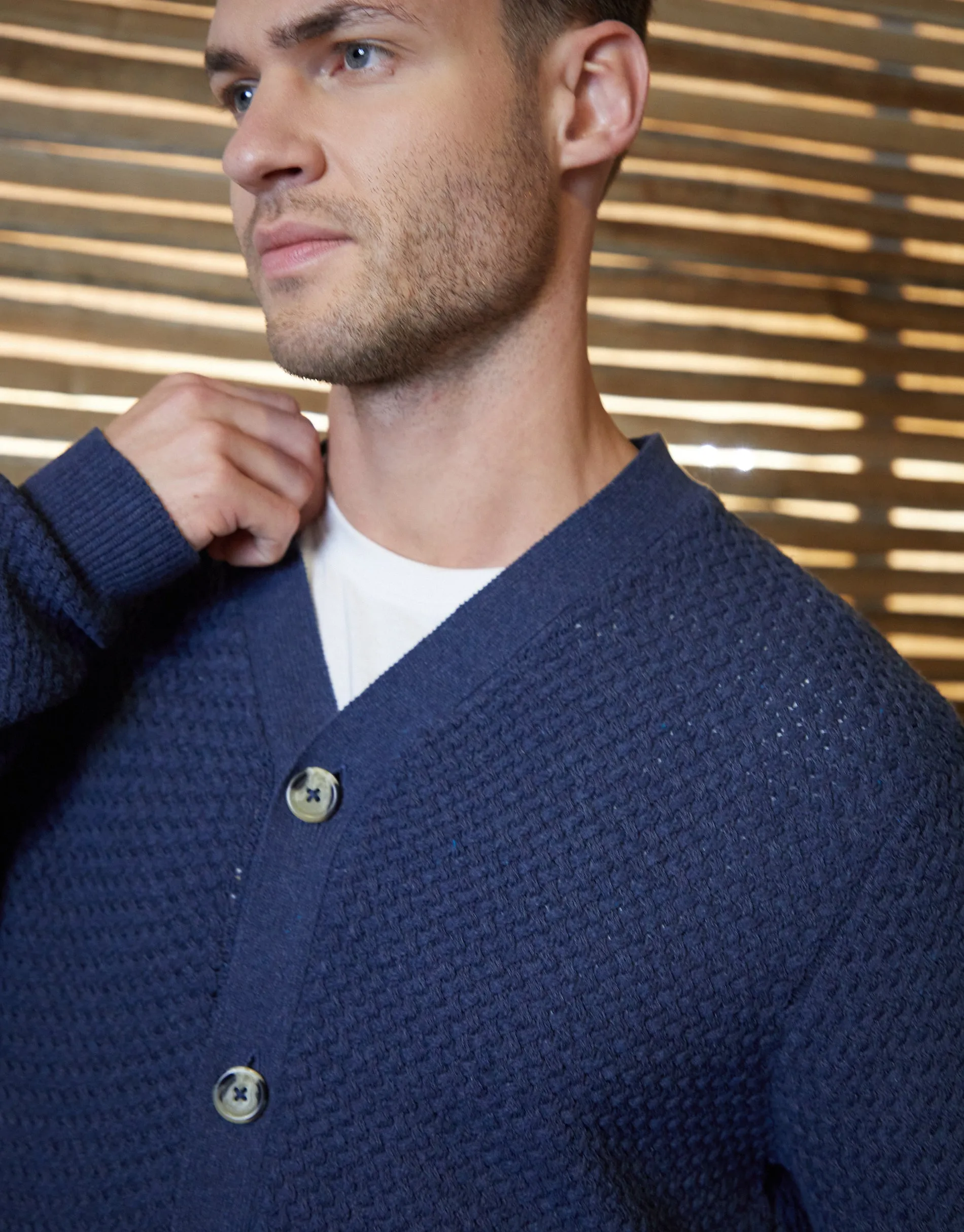 Men's Denim Blue Basket Stitch Cardigan