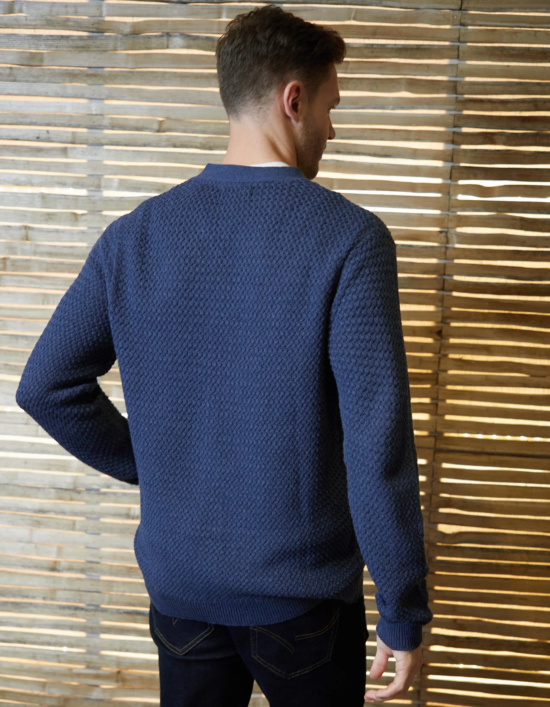 Men's Denim Blue Basket Stitch Cardigan