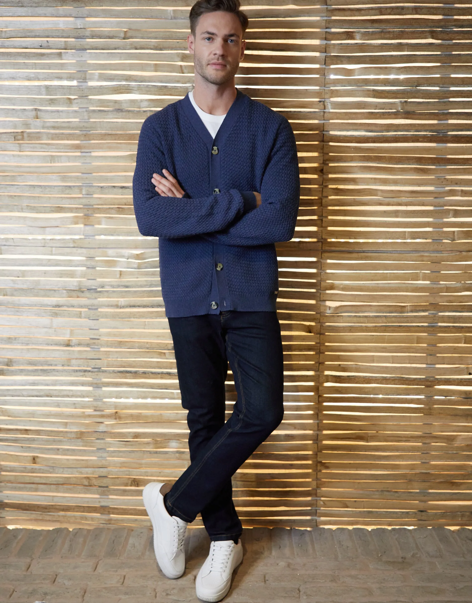Men's Denim Blue Basket Stitch Cardigan