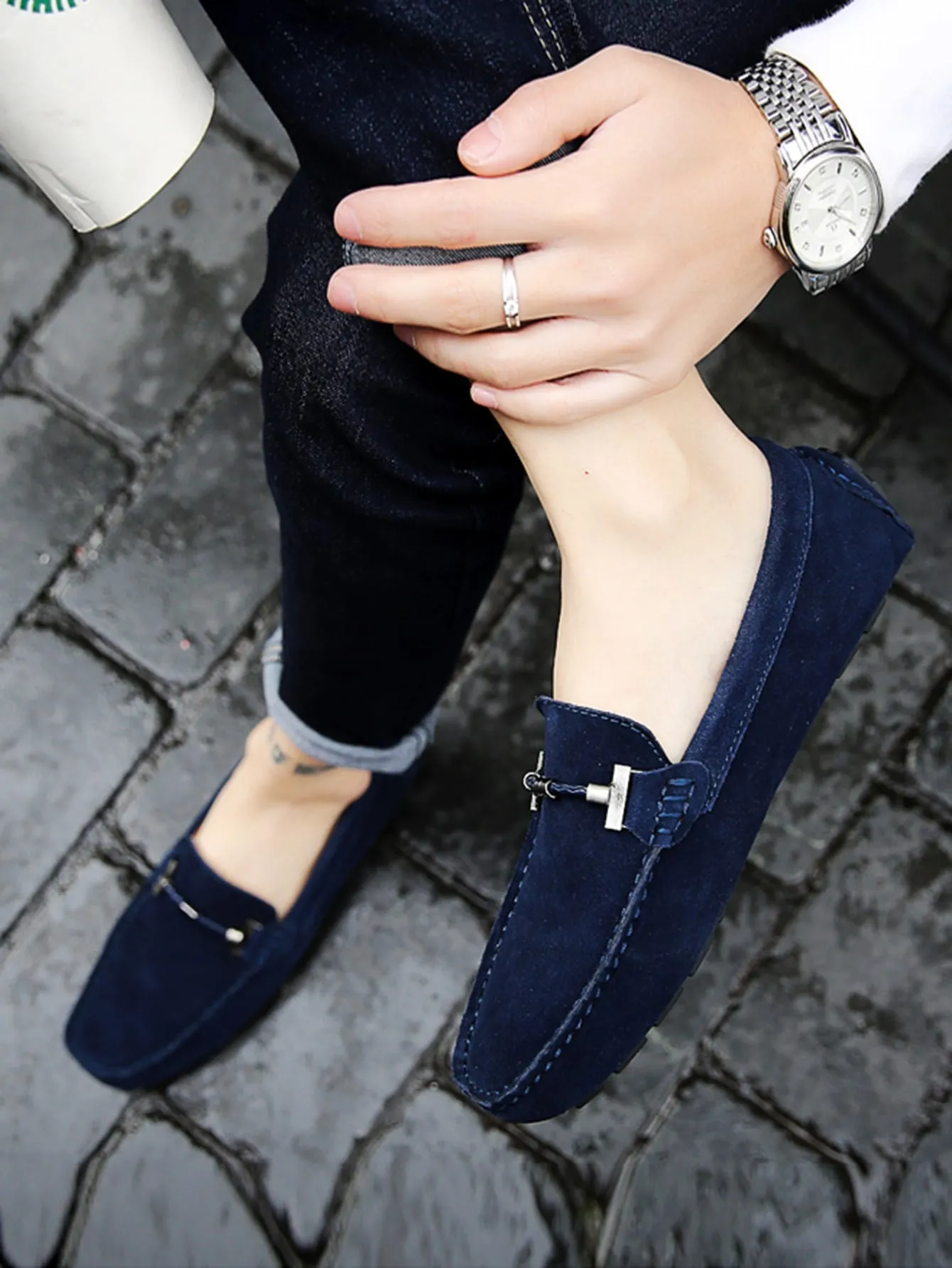 Metal Decor Casual Leisure Outdoor Navy Blue Faux Suede Loafers
