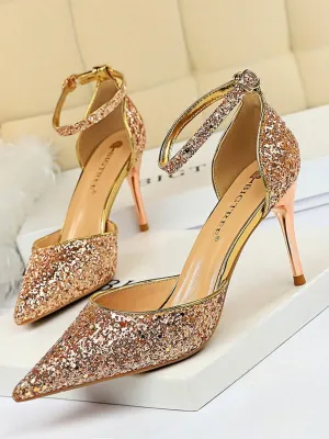 Metal Thin Buckle Sequins High Heel Sandals MHE1015