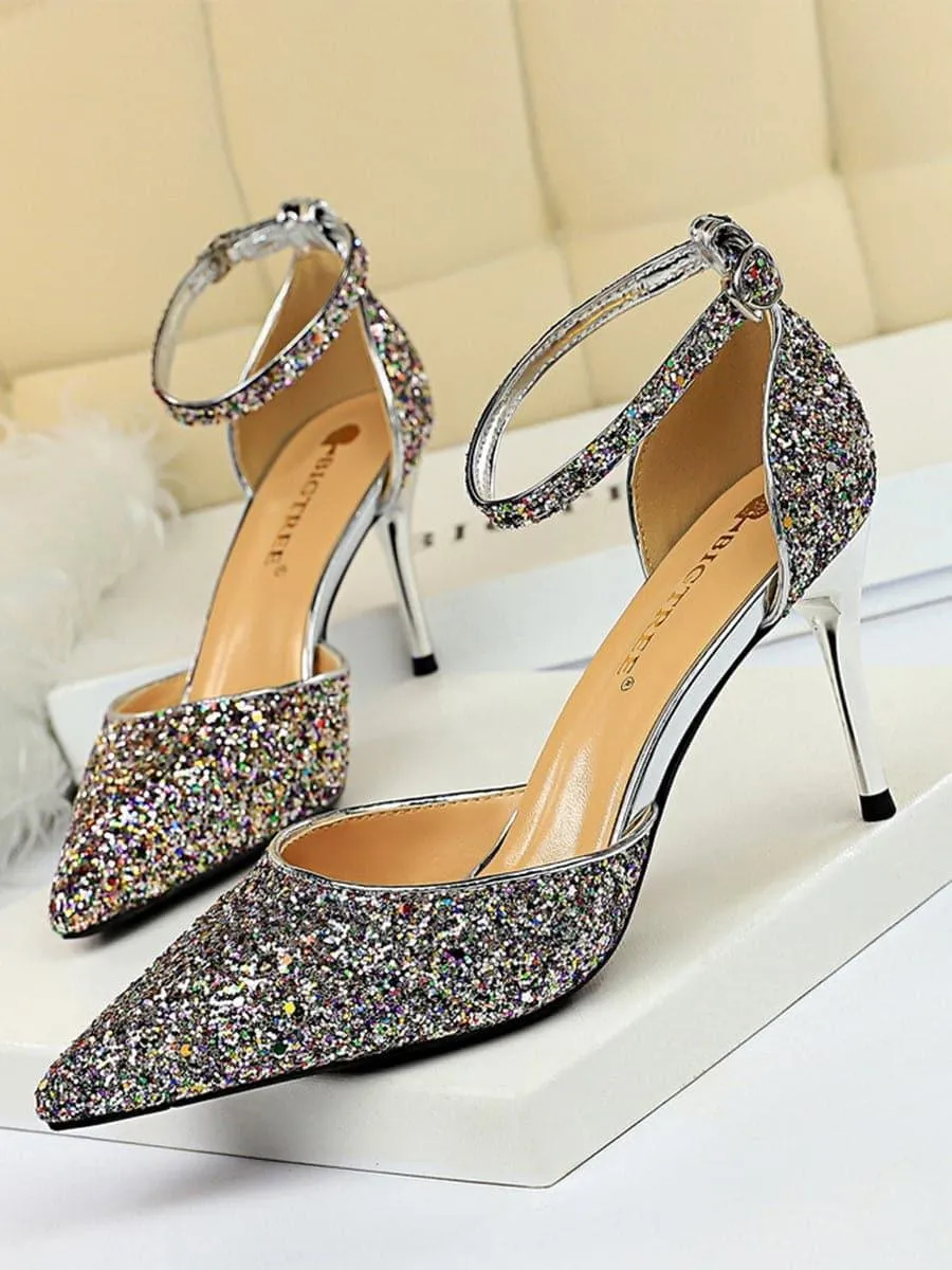 Metal Thin Buckle Sequins High Heel Sandals MHE1015