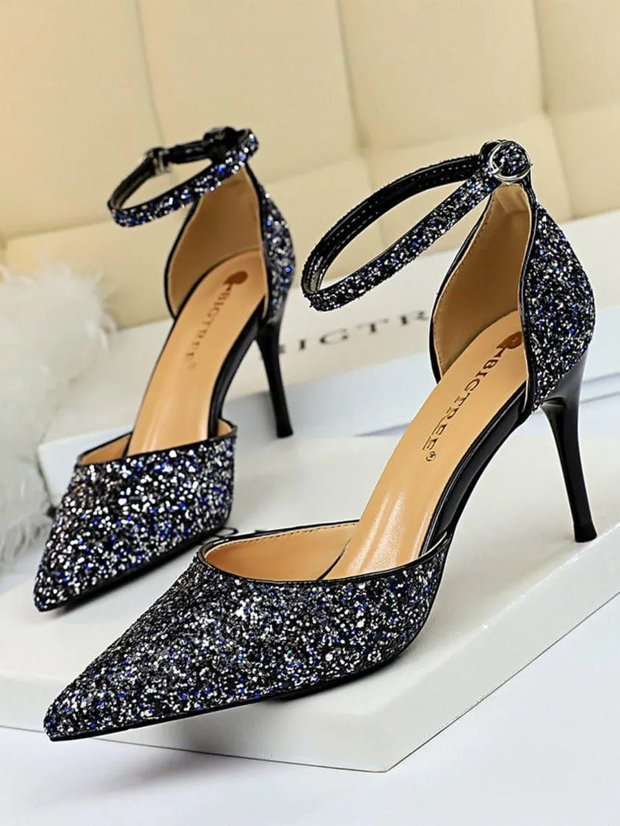 Metal Thin Buckle Sequins High Heel Sandals MHE1015