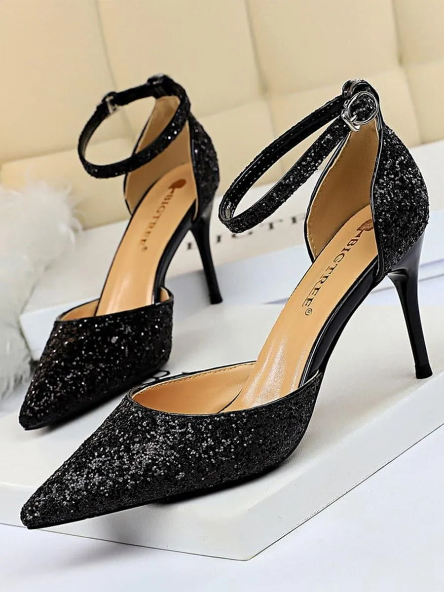 Metal Thin Buckle Sequins High Heel Sandals MHE1015