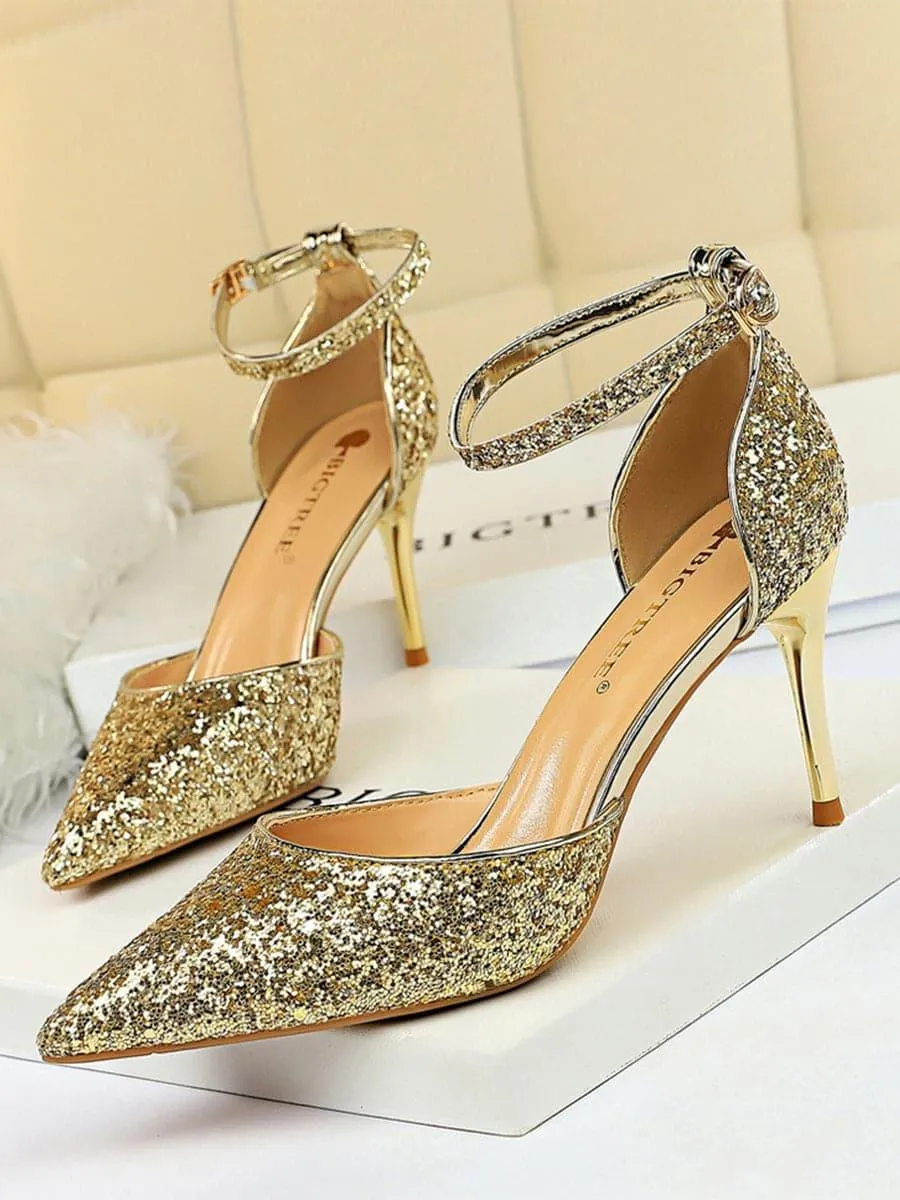 Metal Thin Buckle Sequins High Heel Sandals MHE1015