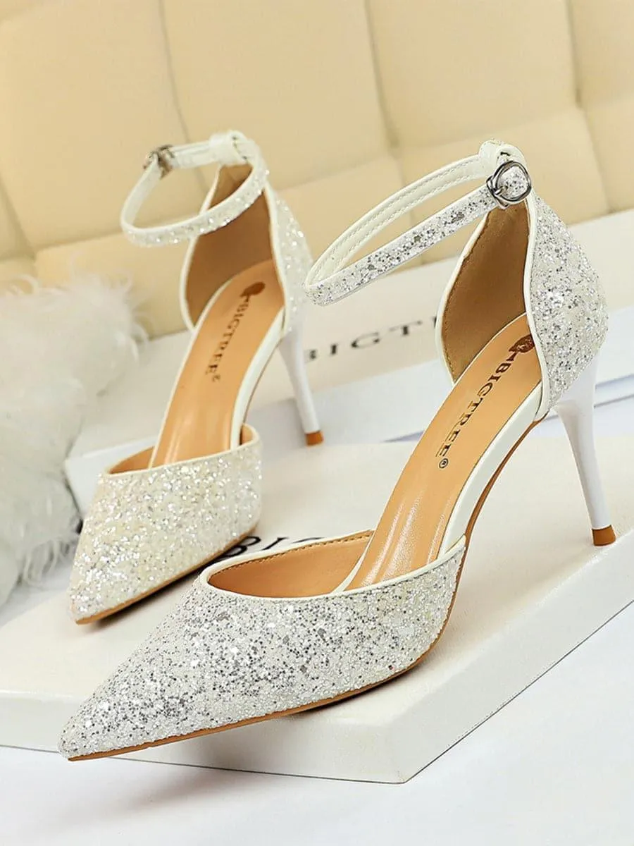 Metal Thin Buckle Sequins High Heel Sandals MHE1015