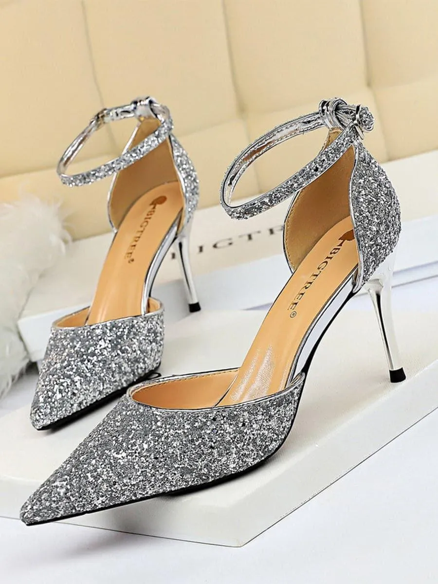 Metal Thin Buckle Sequins High Heel Sandals MHE1015