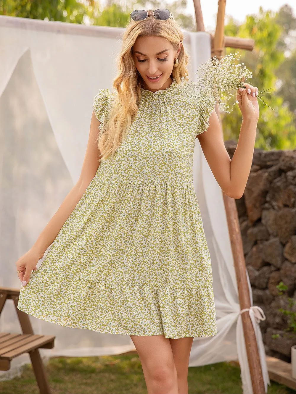 Smocked Neck Tunic Dress