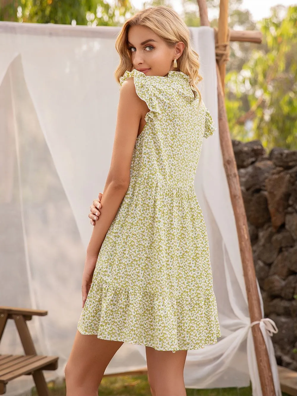 Smocked Neck Tunic Dress